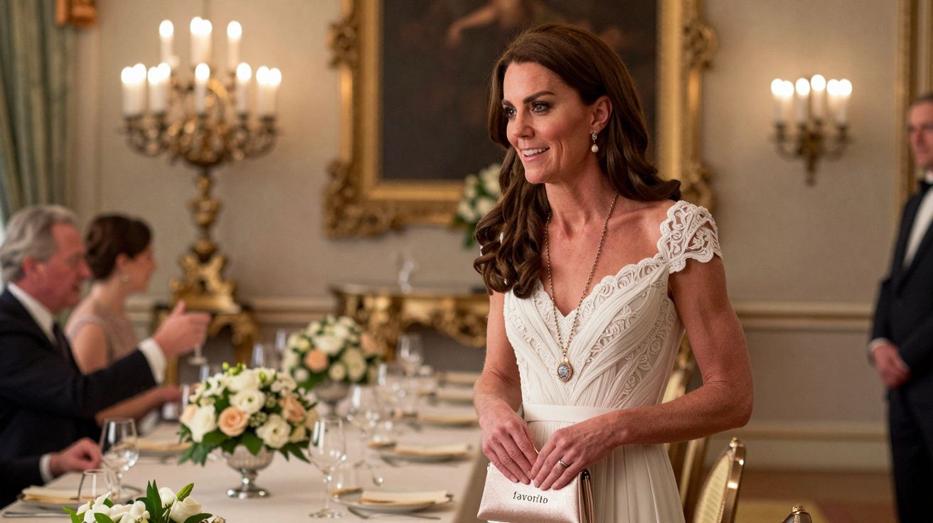 Mulher em vestido branco elegante num jantar formal, rodeada de flores e candelabros numa sala decorada.