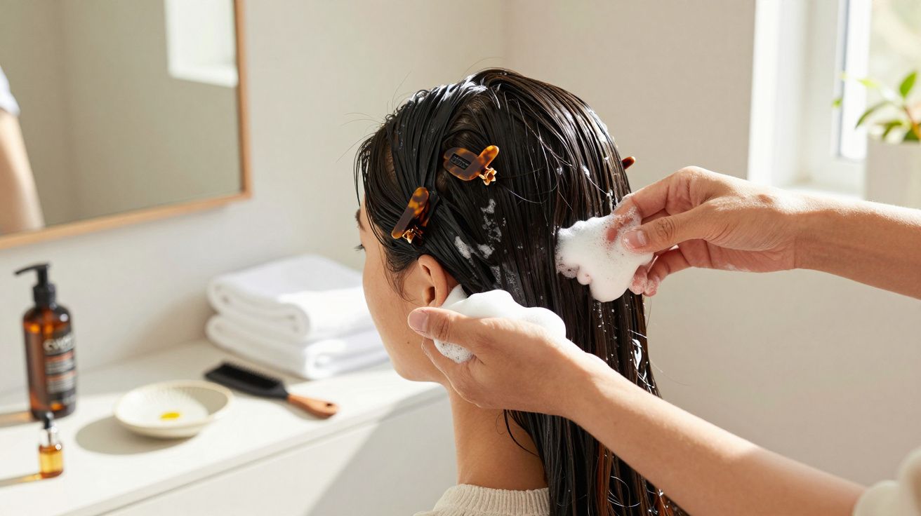 Pessoa a aplicar espuma no cabelo molhado de outra pessoa em casa de banho iluminada, com toalhas e produtos por perto.