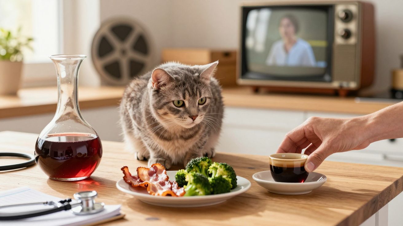 Gato cinzento observa prato com brócolos e bacon em cima de mesa de cozinha, ao lado de copo de café e jarro de vinho.