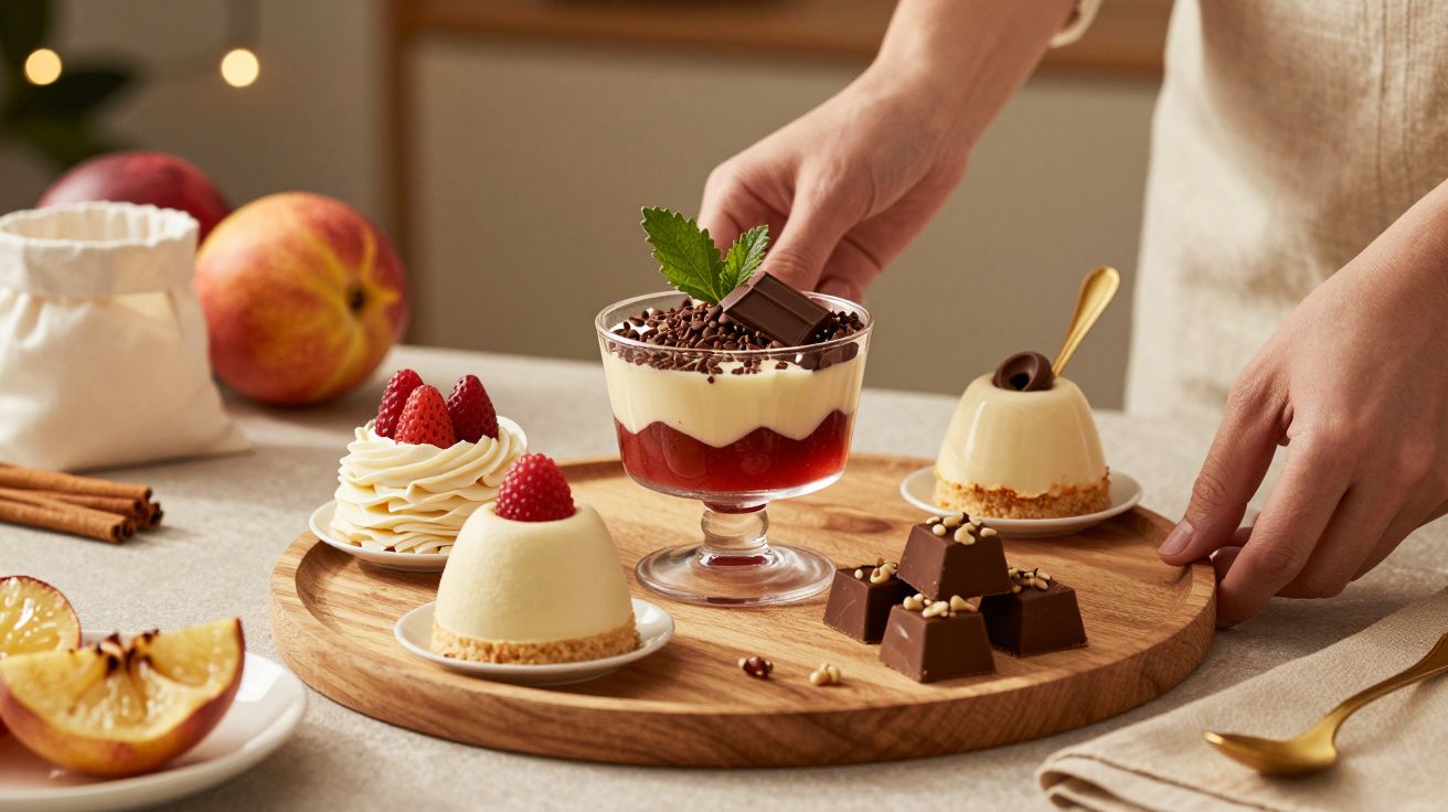 Sobremesas elegantes num tabuleiro de madeira: panna cotta com morangos, mousse de chocolate e entremets. Mão a decorar.