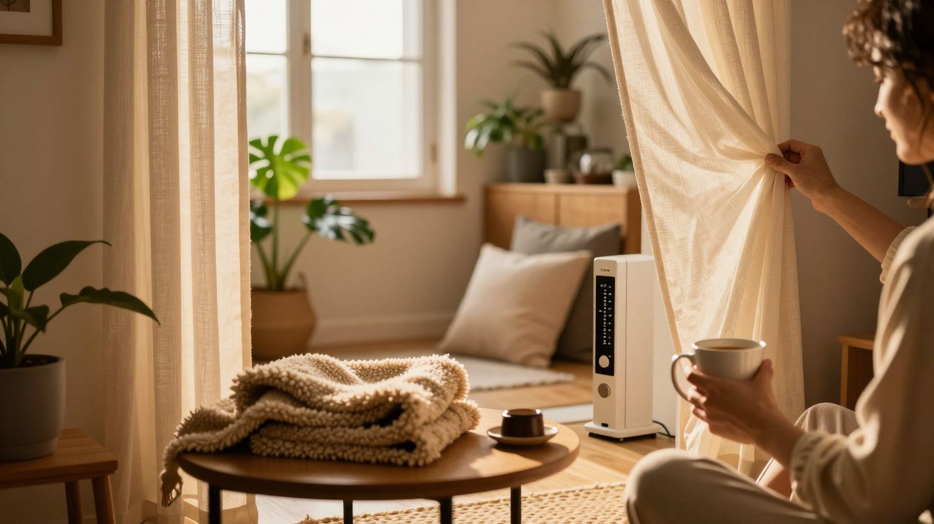 Pessoa segura chá numa sala aconchegante com plantas, manta sobre mesa e cortinas abertas para luz natural.