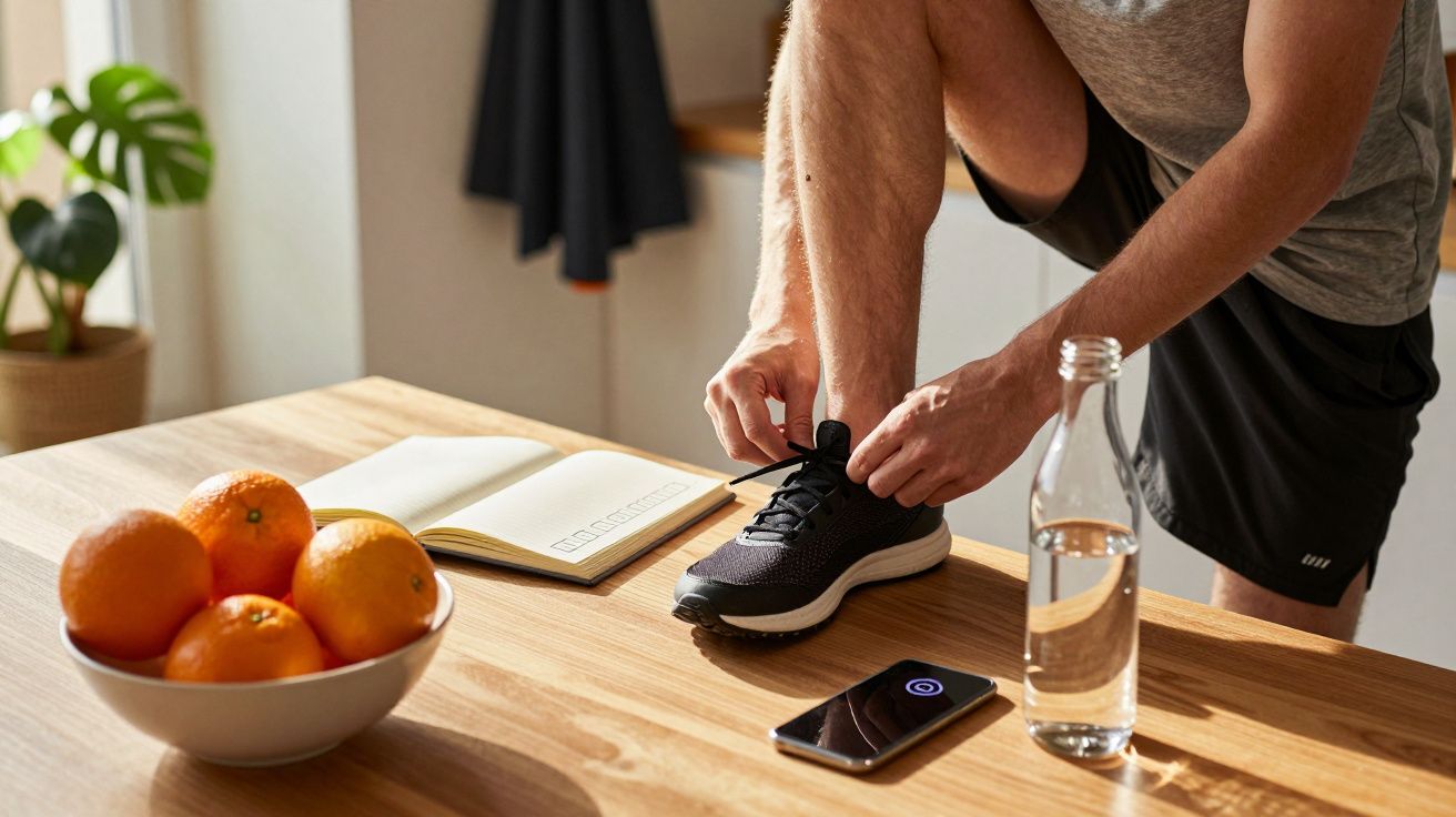 Homem a atar ténis na cozinha com frutas, caderno, garrafa de água e telemóvel em cima da mesa ao sol.
