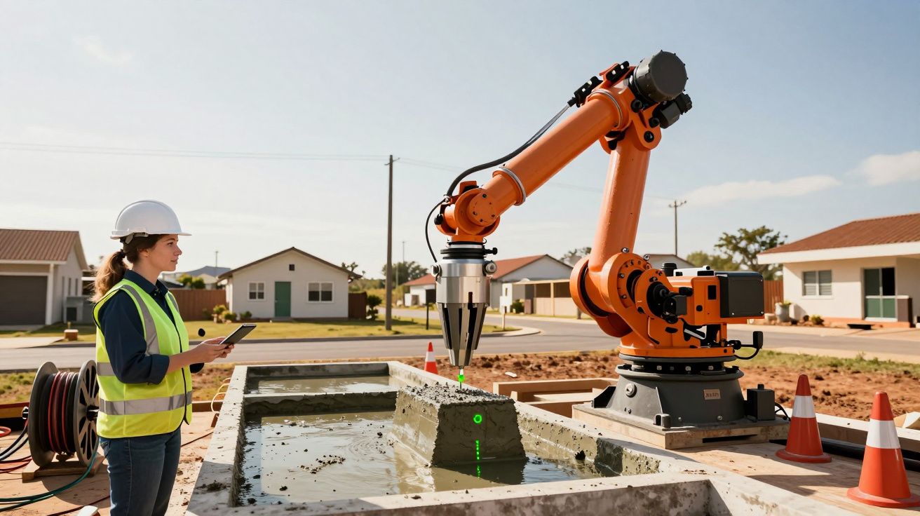 Engenheira de capacete a operar um robô de construção num local residencial com casas ao fundo.