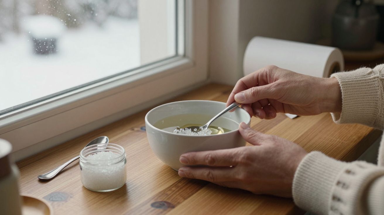 Pessoa segura uma tigela de sopa em madeira junto à janela; neve do lado de fora.