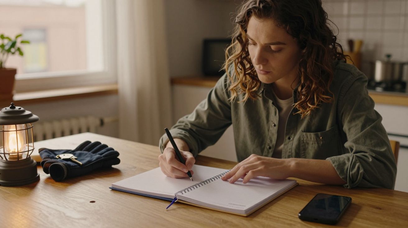Mulher sentada à mesa, a escrever num caderno, ao lado de um telemóvel e uma lanterna acesa.