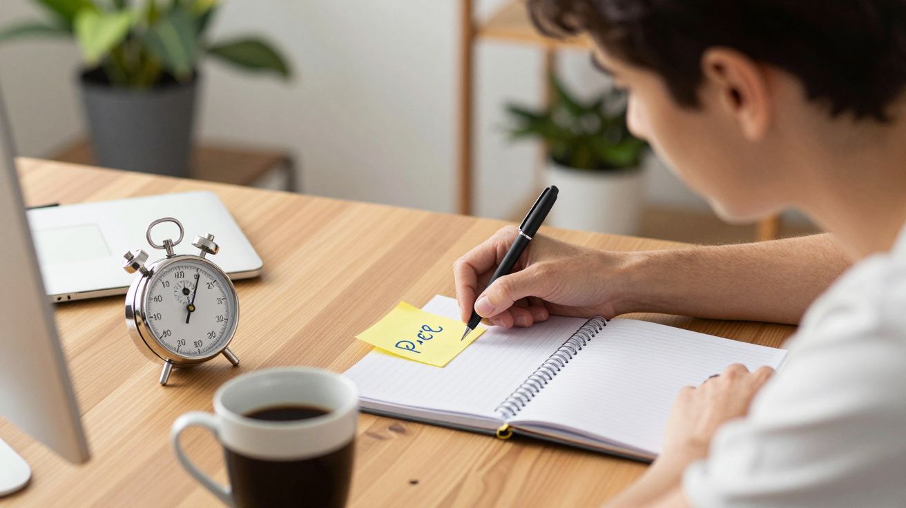 Homem escreve em bloco de notas numa secretária com relógio, chávena de café e plantas ao fundo.
