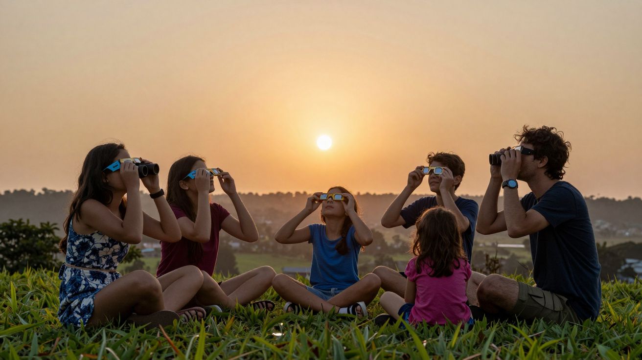 Grupo de seis pessoas sentadas na relva, observando o pôr do sol com binóculos.