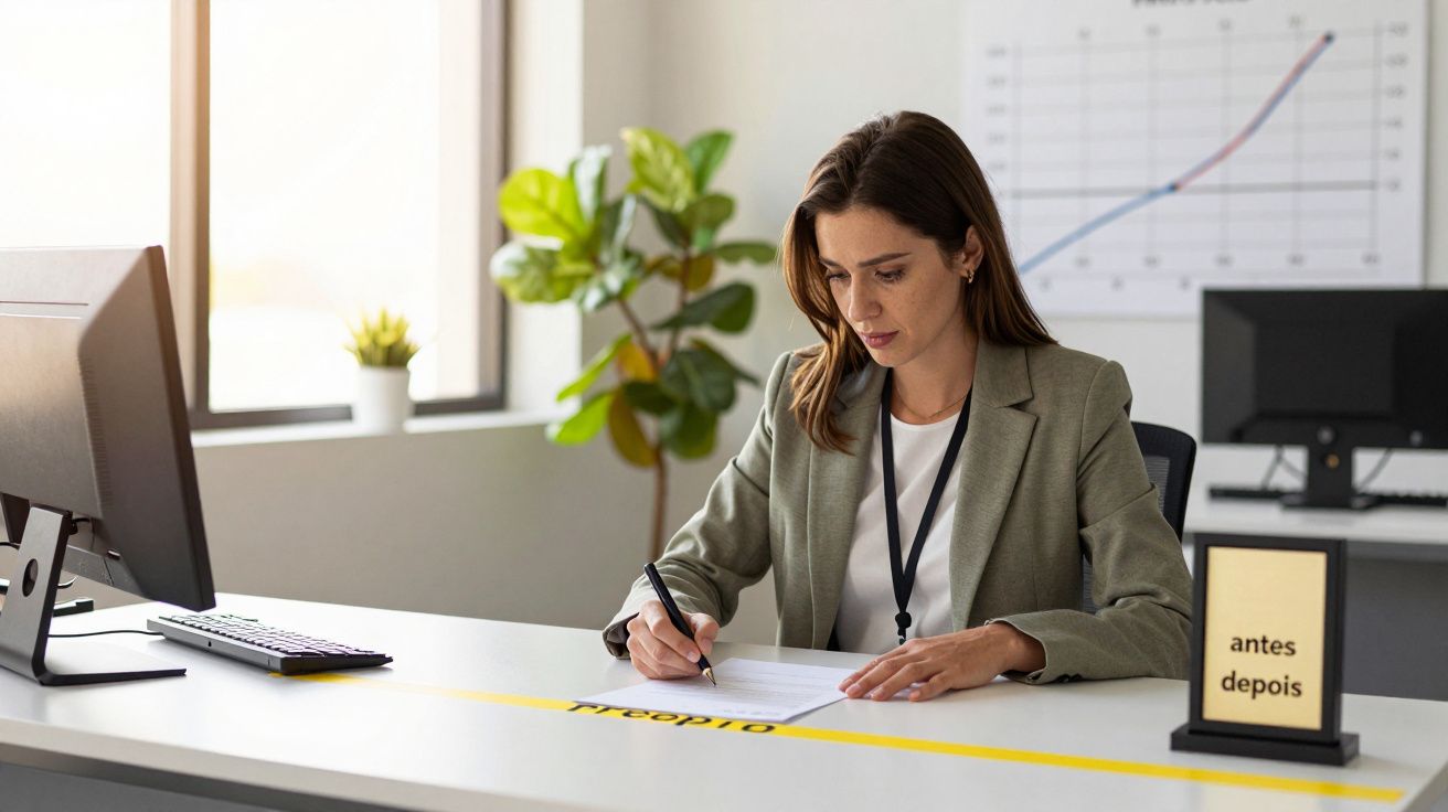 Mulher a trabalhar num escritório moderno, a escrever à secretária com gráfico na parede ao fundo.