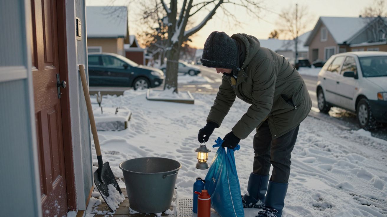 Pessoa em roupa de inverno segura lanterna e saco azul, em frente a casa nevada ao amanhecer.