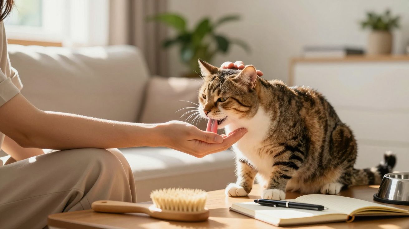 Gato a lamber a mão de uma pessoa num sofá, com uma escova e caderno sobre a mesa.