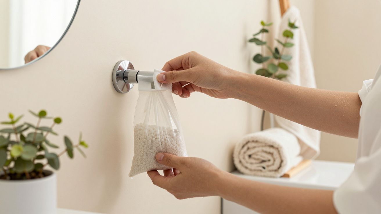 Mãos ajustam saco de desumidificador numa casa de banho minimalista com plantas e toalha branca ao fundo.