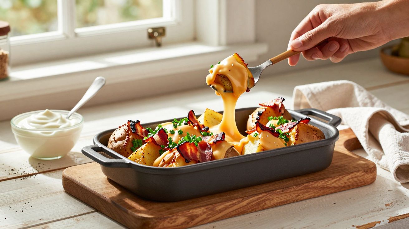 Batatas assadas com queijo derretido e bacon numa travessa ao lado de uma janela, com mão segurando garfo.