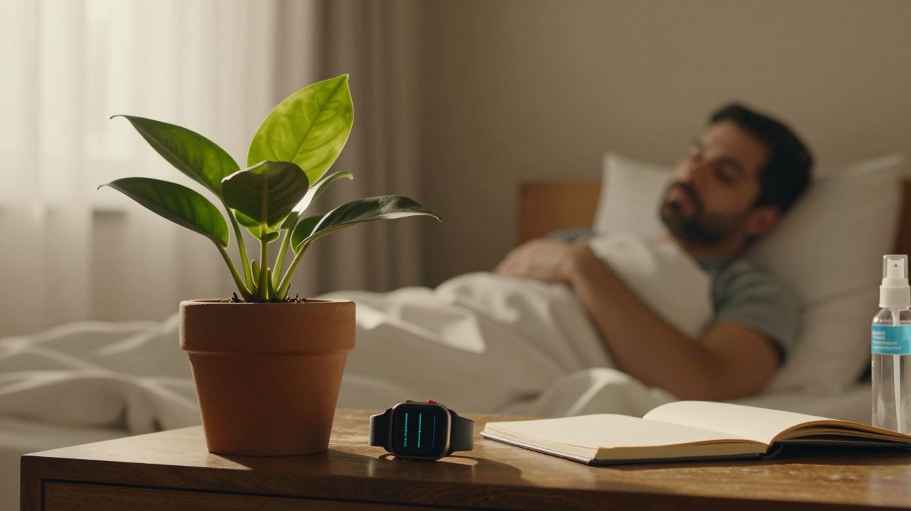 Planta num vaso, relógio e livro sobre a mesa, homem a dormir na cama ao fundo.