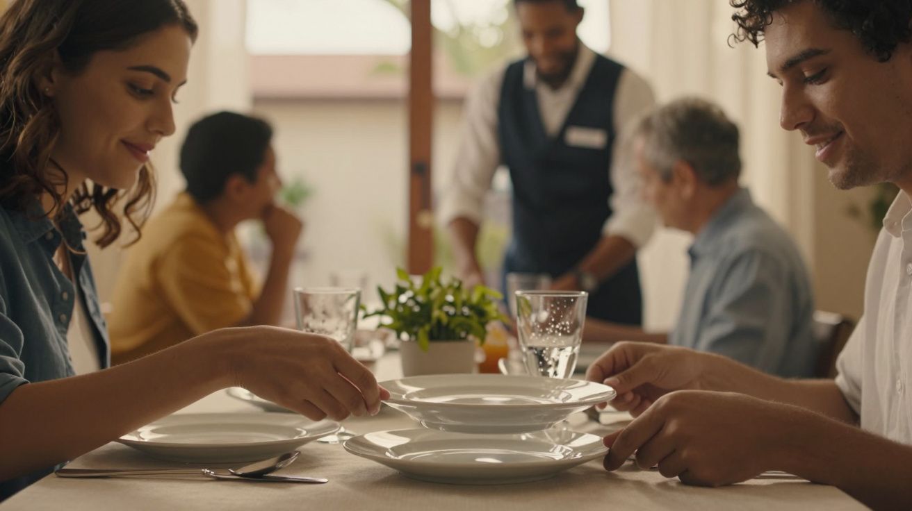 Casal jovem a colocar pratos numa mesa em restaurante, com empregados e outras pessoas ao fundo.