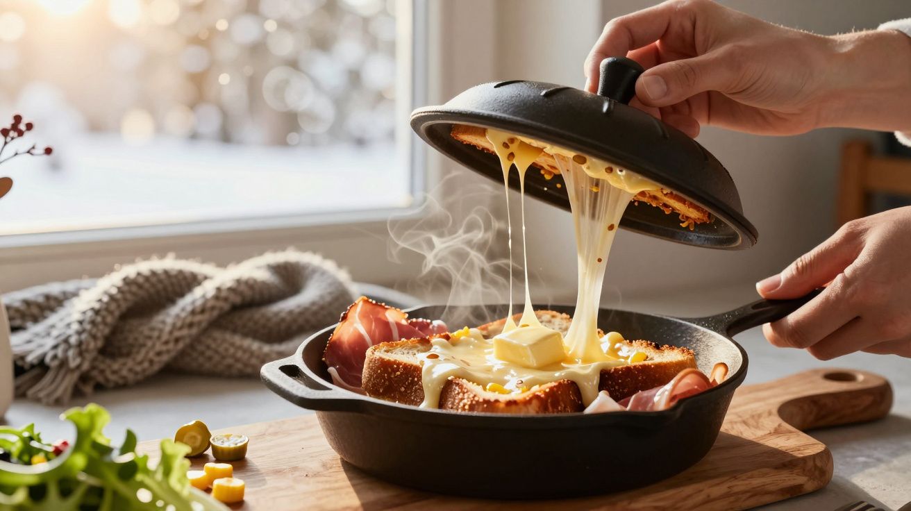 Pessoa a levantar a tampa de uma frigideira com queijo derretido sobre pão e fiambre, ao lado de uma janela ensolarada.