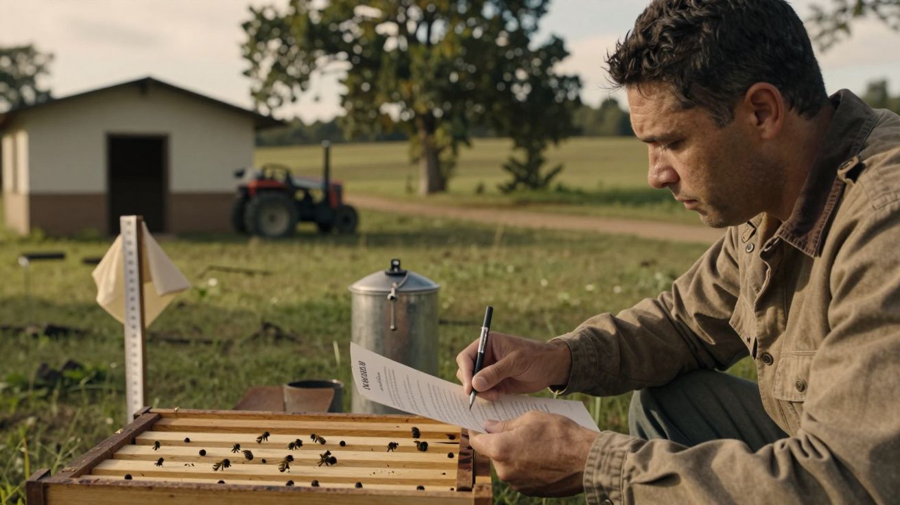 Homem sentado ao ar livre, escreve num papel ao lado de uma caixa de abelhas. Trator e barracão ao fundo.