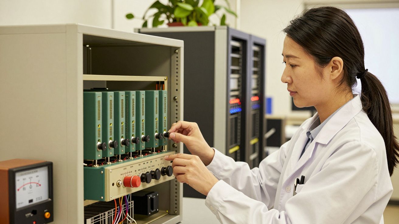 Técnica de laboratório ajusta equipamentos eletrónicos numa sala de servidores.