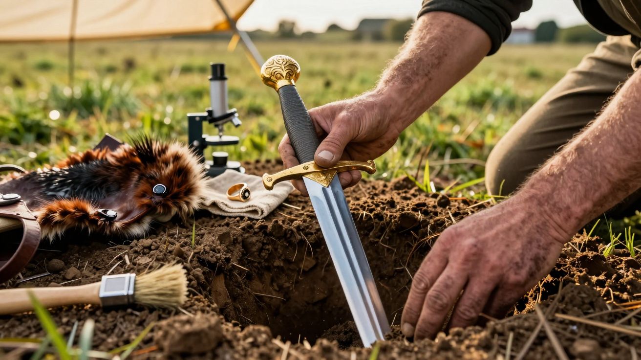 Pessoa desenterrando uma espada antiga num campo, com ferramentas de arqueologia e uma pele ao lado.