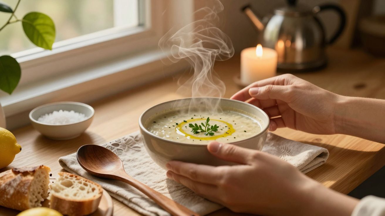 Mãos seguram uma tigela de sopa quente na mesa; ao fundo, vela acesa e janela.