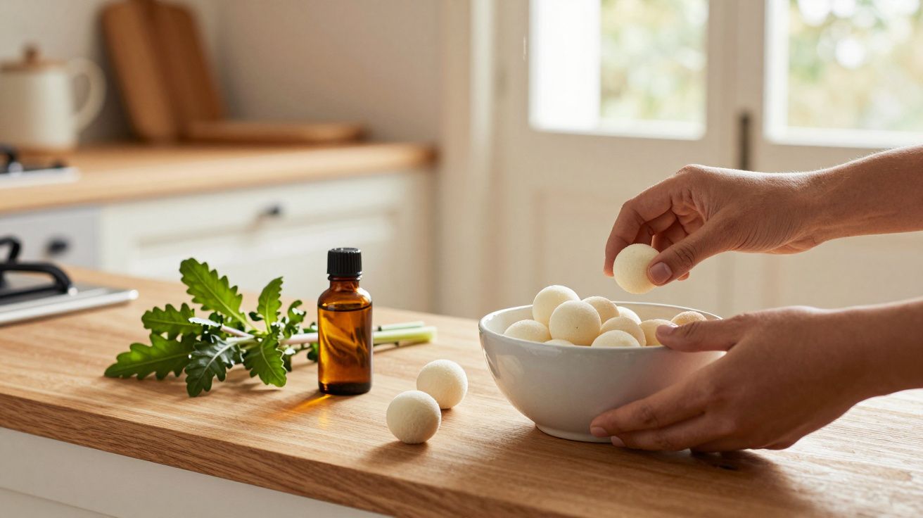 Mãos colocando bolas brancas numa tigela em bancada de cozinha, com frasco de vidro e folhas ao fundo.