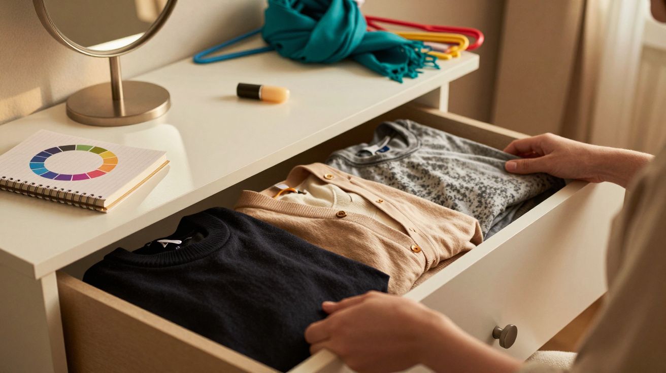 Mão a abrir gaveta com camisolas dobradas, ao lado de uma cómoda com espelho, caderno e cabides coloridos.