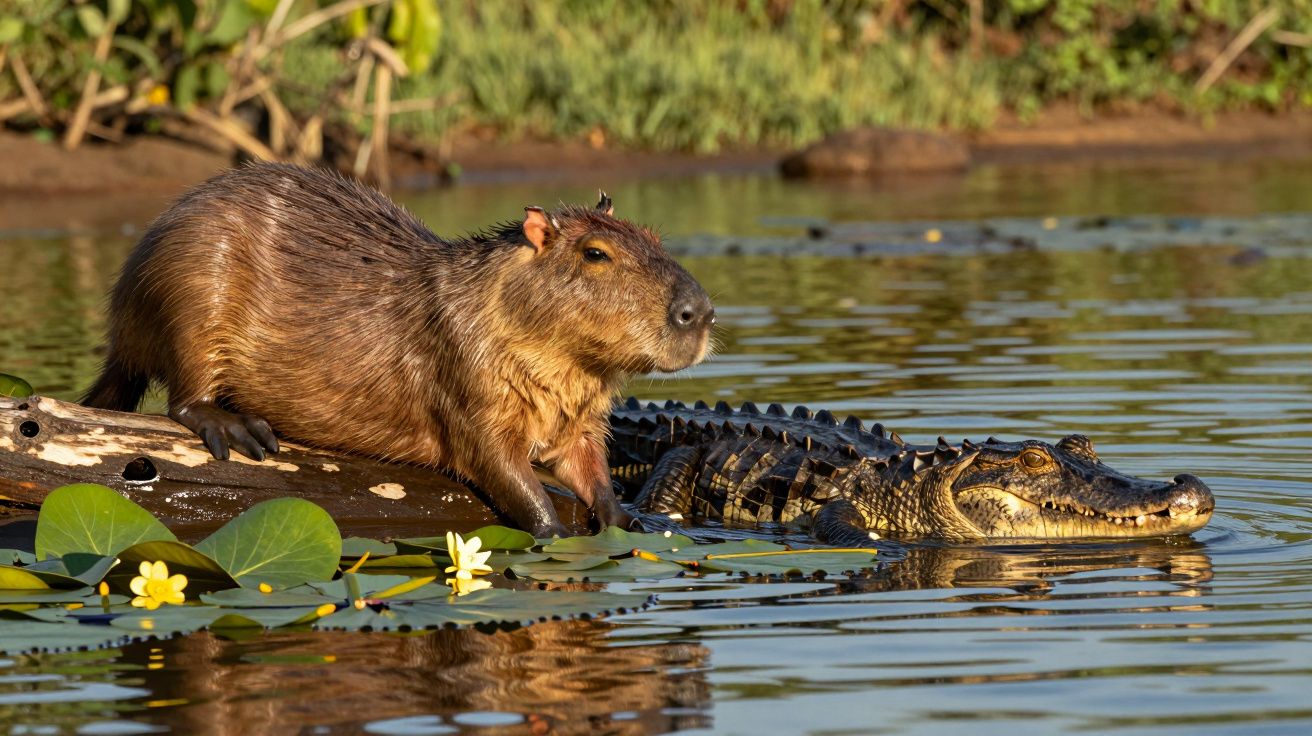 Capivara sobre tronco ao lado de um jacaré na água, rodeados por plantas aquáticas e flores amarelas.