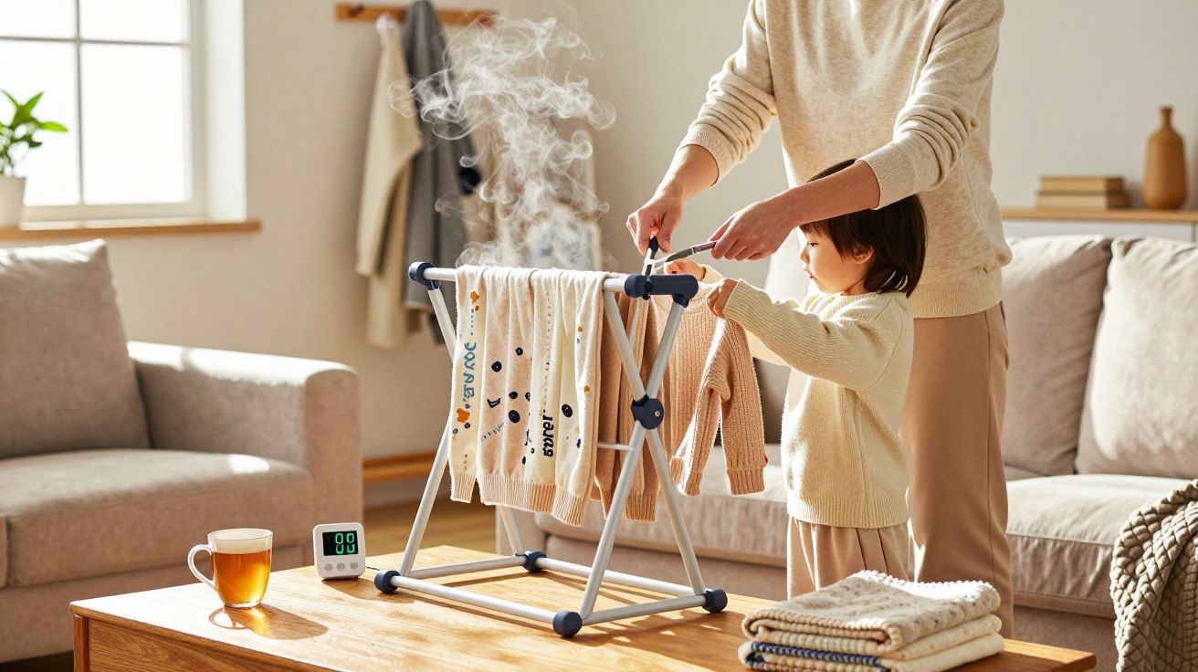 Mulher e criança a colocar roupa num estendal pequeno em mesa de madeira, numa sala iluminada com chá e temporizador.