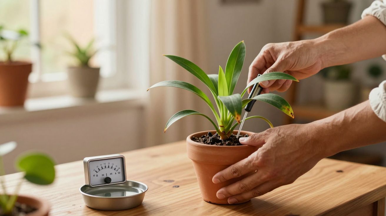Pessoa verificando umidade do solo de vaso com planta verde em mesa de madeira, medidor de umidade ao lado.