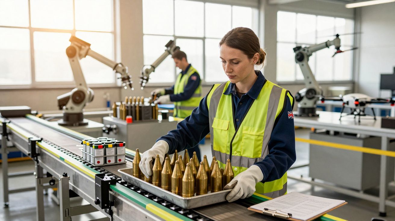 Operária inspeciona munições numa linha de montagem industrial, usando colete refletor e luvas.