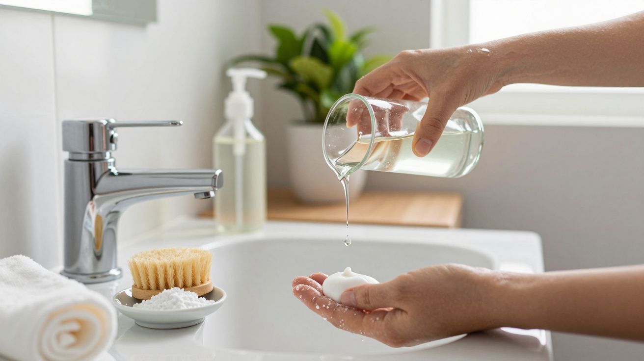 Mãos vertem líquido em esponja sobre lavatório, com toalha e escova ao lado, num banheiro iluminado.