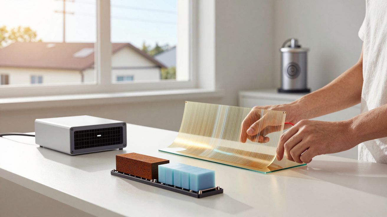 Pessoa dobrando uma folha dourada em superfície branca, com aparelhos eletrónicos ao fundo.