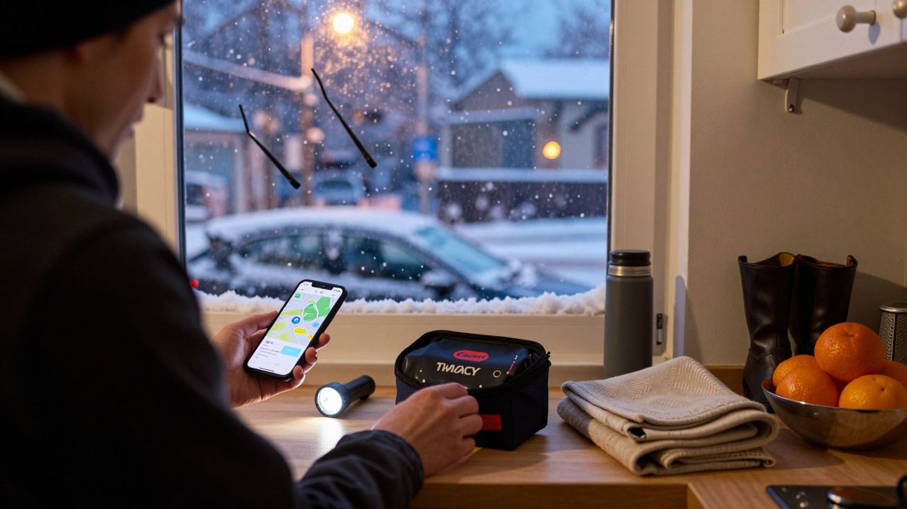 Homem usa smartphone perto de janela com neve, lanterna, mala e taça de laranjas sobre a bancada de cozinha.