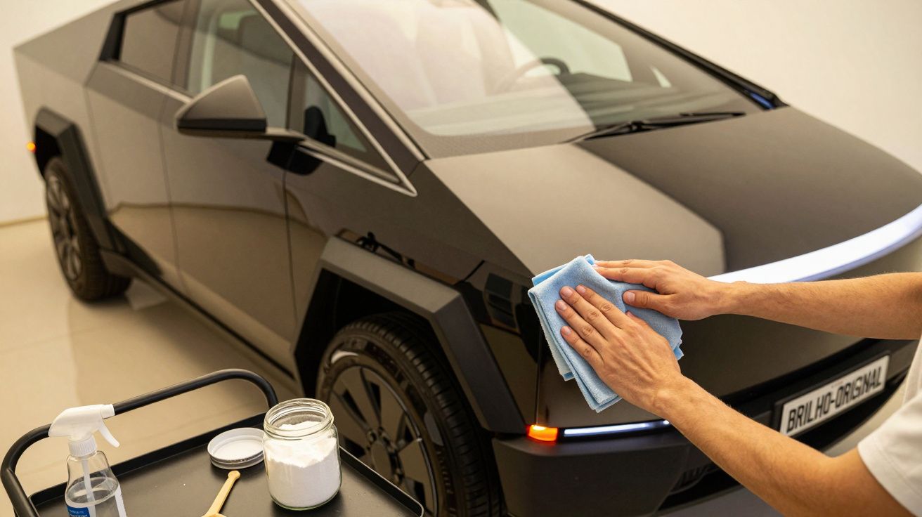 Pessoa a polir um carro de design futurista com um pano azul num ambiente interior.