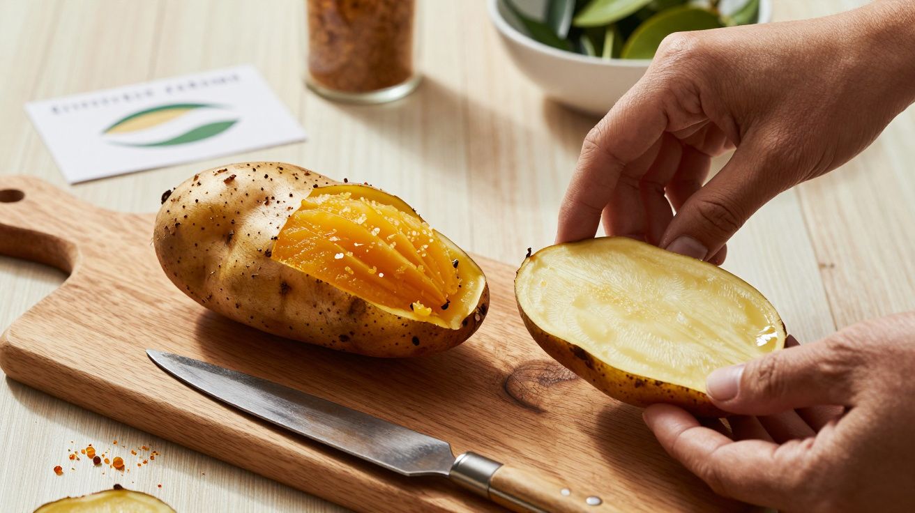 Pessoa a cortar batata aberta recheada com fatias de manga sobre tábua de madeira. Faca ao lado.