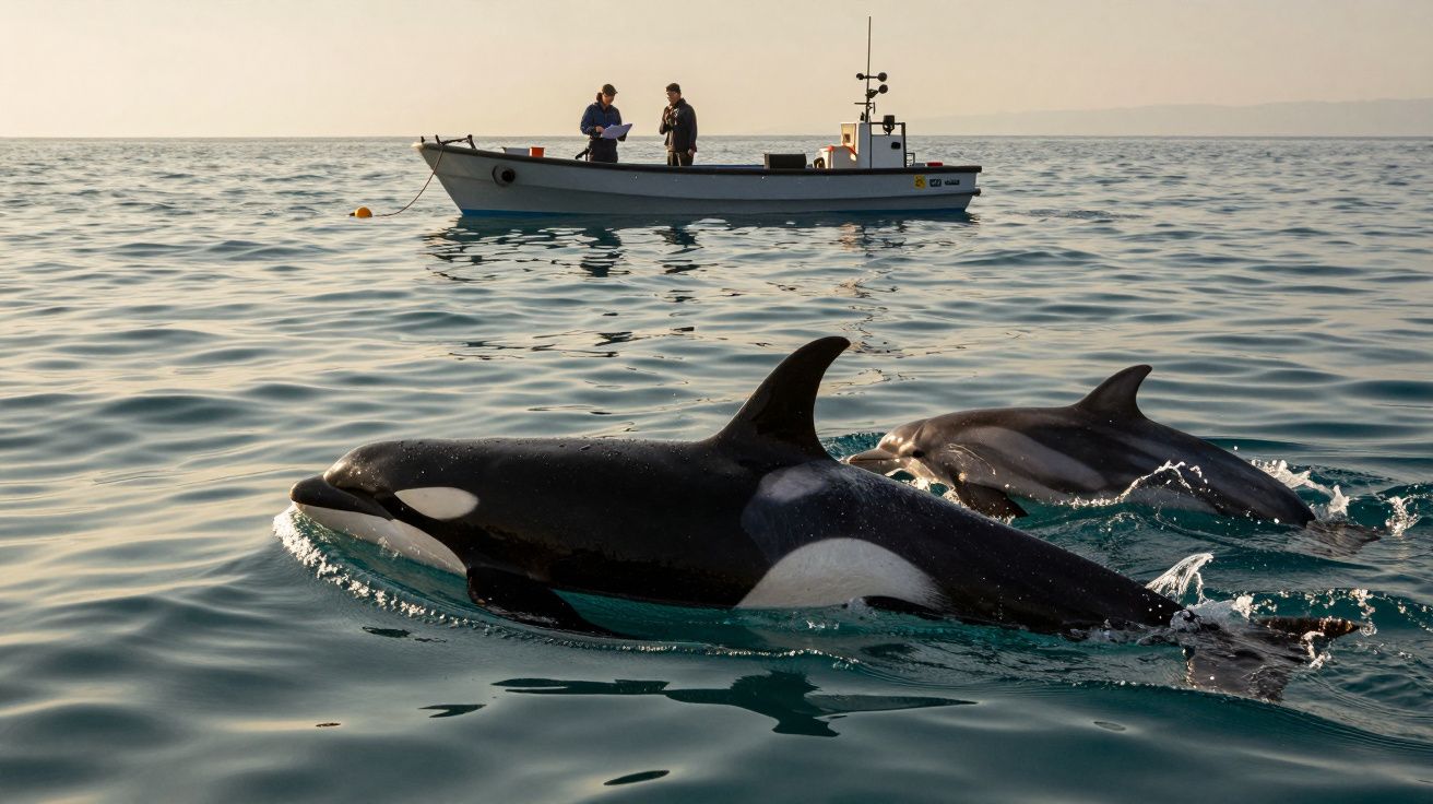 Orcas nadam perto de um barco com duas pessoas em mar calmo.