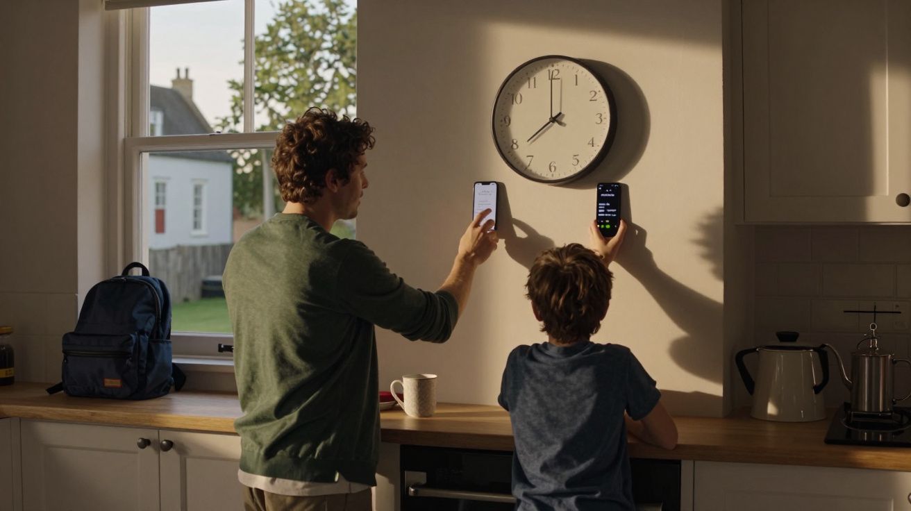 Pai e filho na cozinha a segurar telemóveis contra uma parede com relógio. Mochila e chávena na bancada.