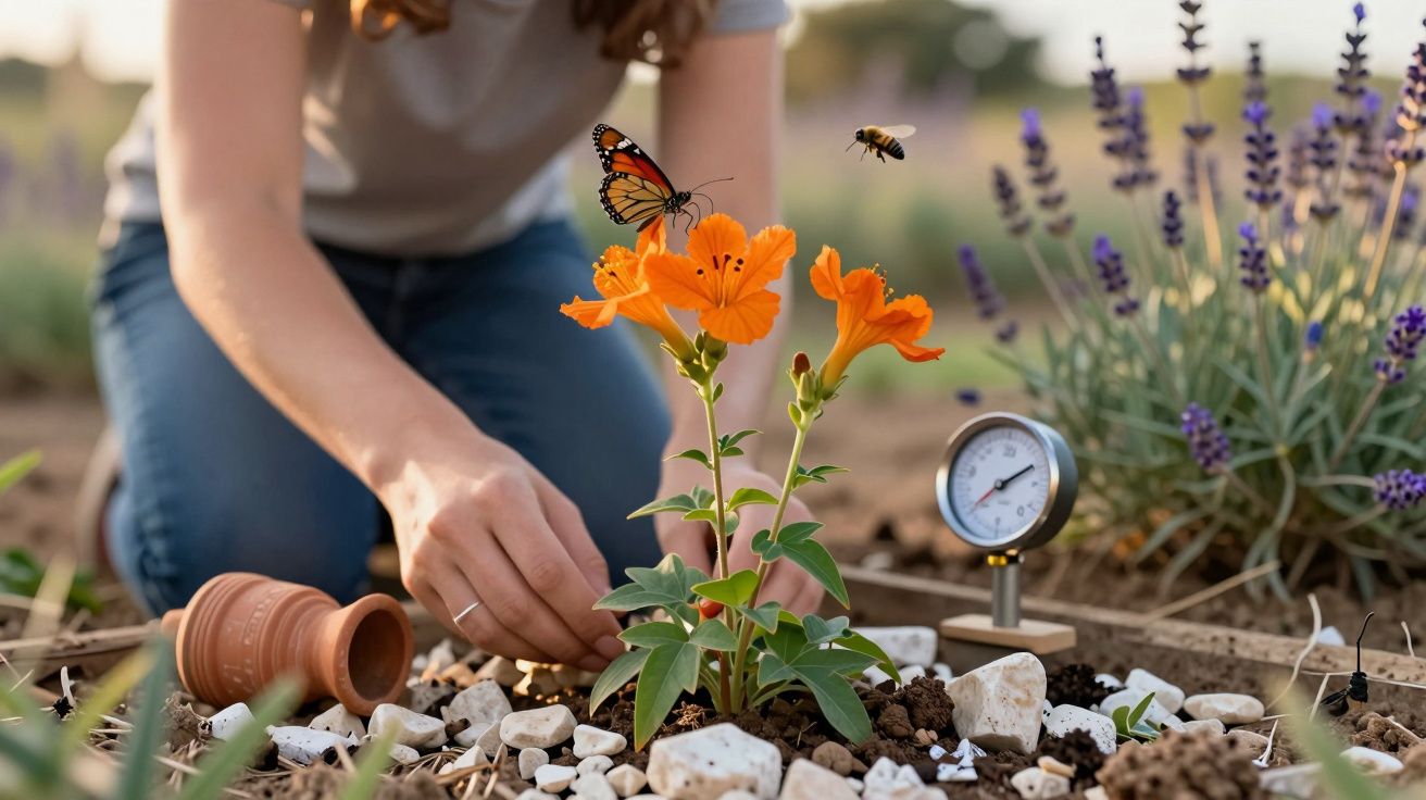Pessoa a plantar flores laranjas no jardim, com borboleta pousada e abelha a voar. Medidor de temperatura no solo.
