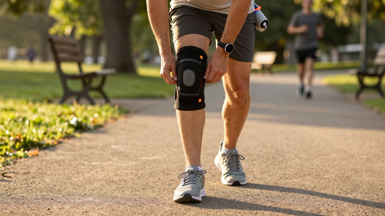 Homem aplicando joelheira enquanto caminha num parque.