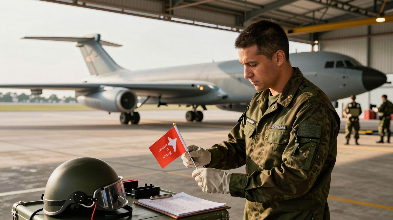 Militar examina bandeira vermelha em base aérea, com avião e capacete próximos de si.