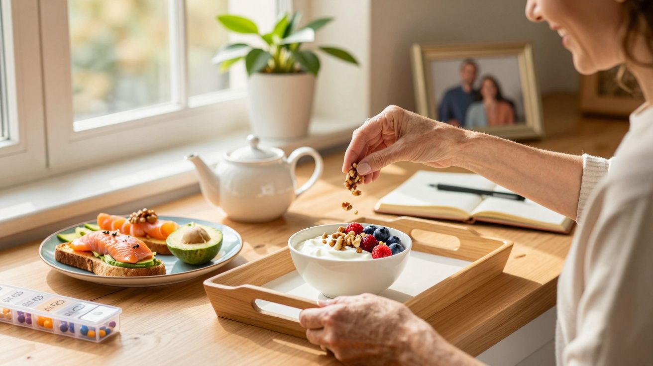 Mulher adiciona nozes ao iogurte com frutas, ao lado de tosta com salmão e abacate, na cozinha iluminada pelo sol.
