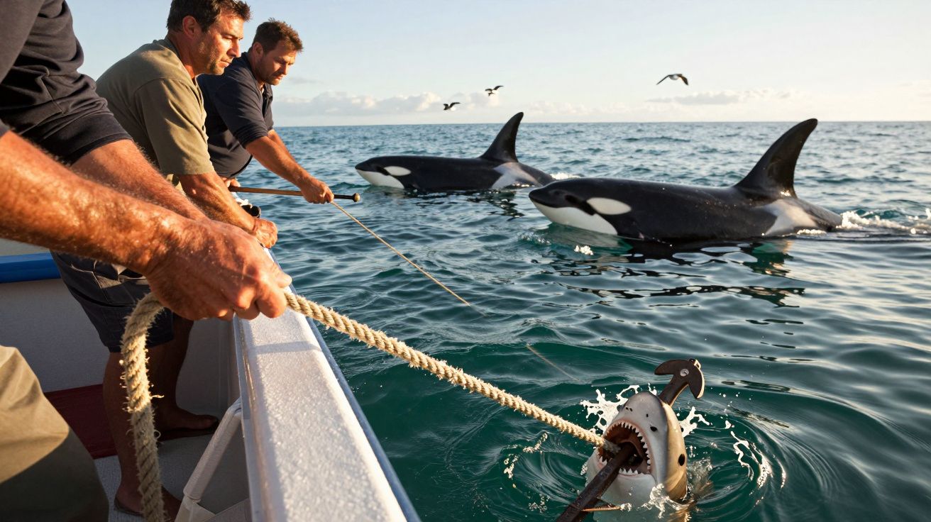 Homens em barco puxam tubarão falso, orcas nadam próximas na água.