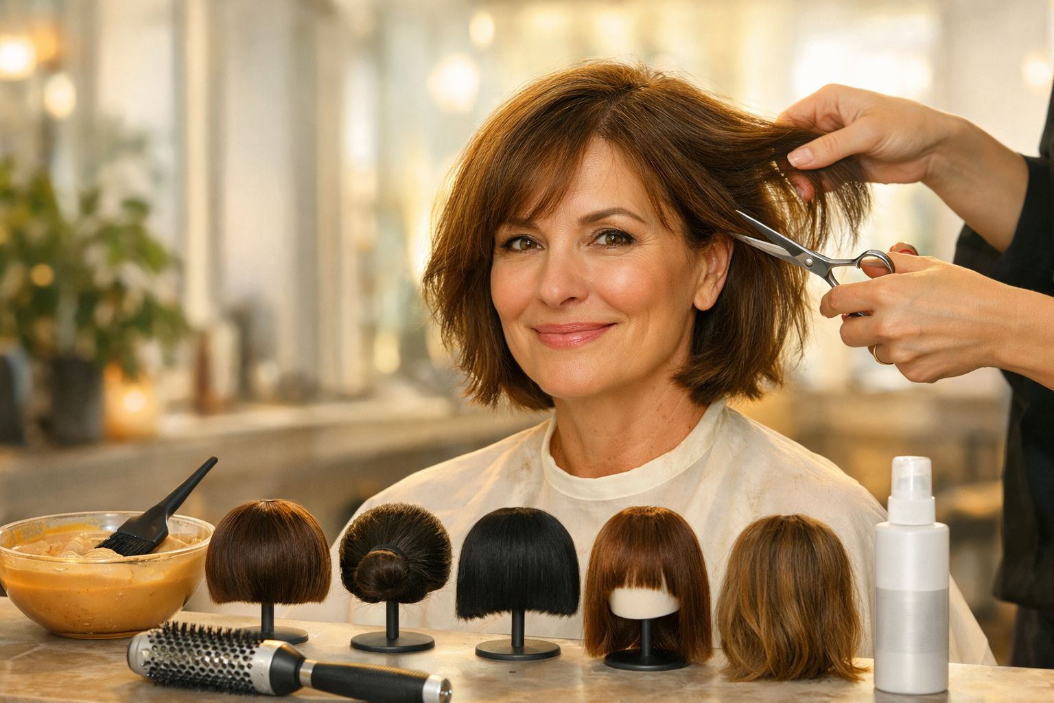 Mulher numa cadeira de cabeleireiro, cabelo loiro cortado por um estilista, em frente a um espelho.