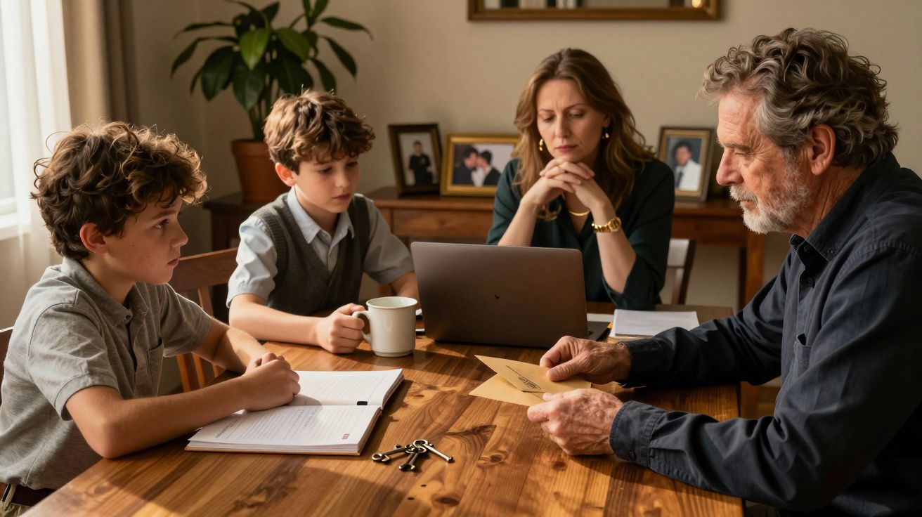 Família reunida em volta de uma mesa, com computadores e papéis, discutindo algo importante.