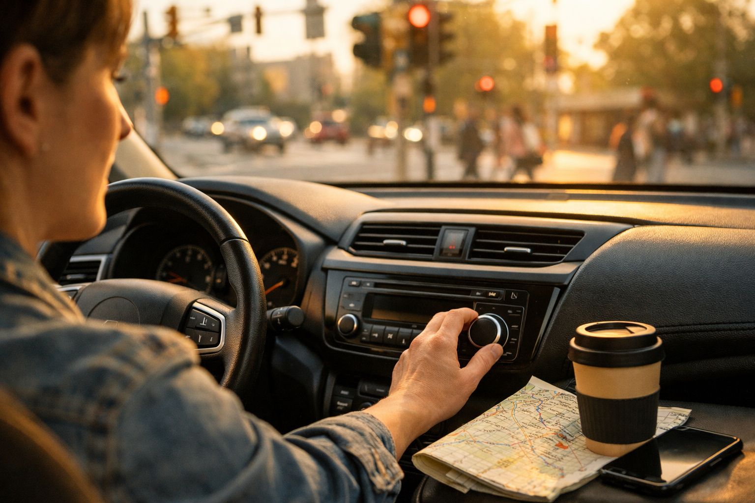 Mulher ao volante de um carro, ajustando o rádio, com um café no suporte e estrada visível ao fundo.