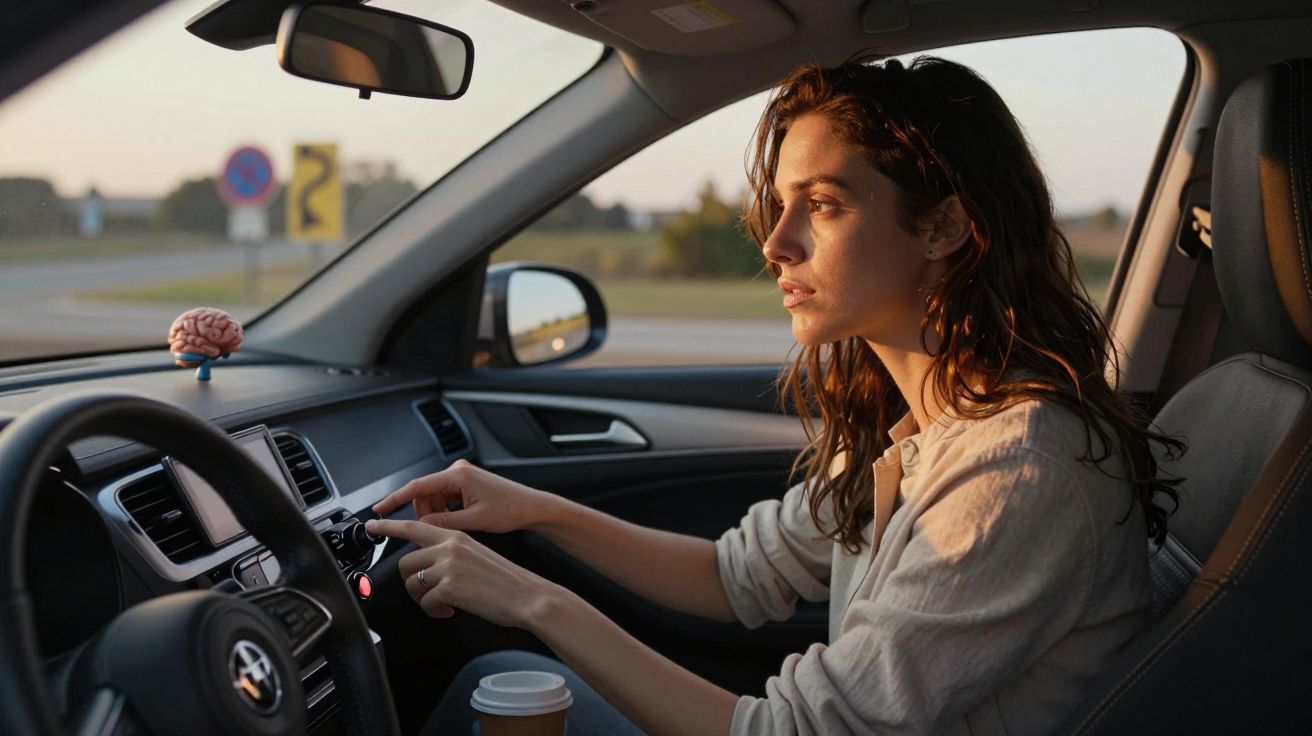 Mulher no carro ao pôr do sol, segurando caneca de café e ajustando controle no painel.
