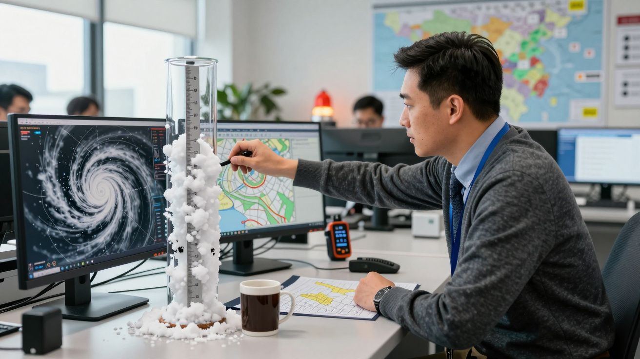 Homem a analisar dados meteorológicos em dois monitores numa estação de trabalho, rodeado por mapas e equipamento técnico.