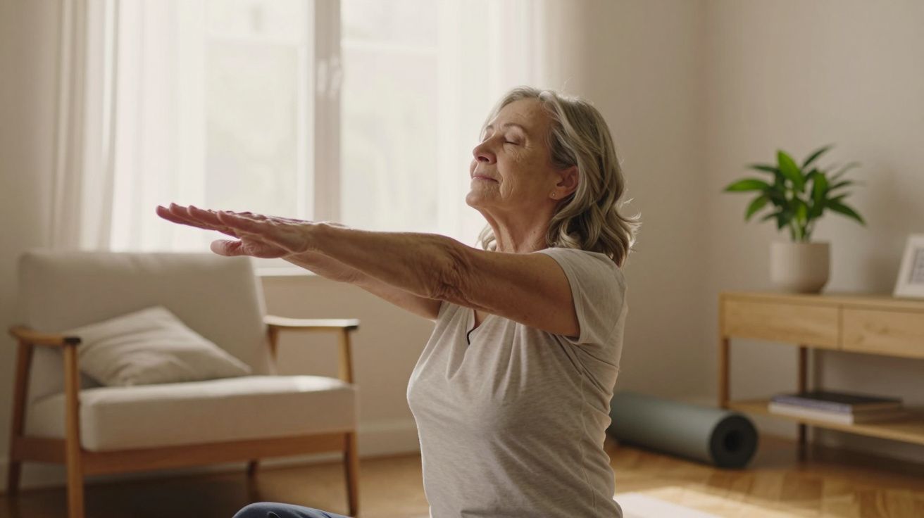 Mulher idosa praticando ioga em casa, com braços estendidos e olhos fechados, sala iluminada com plantas ao fundo.
