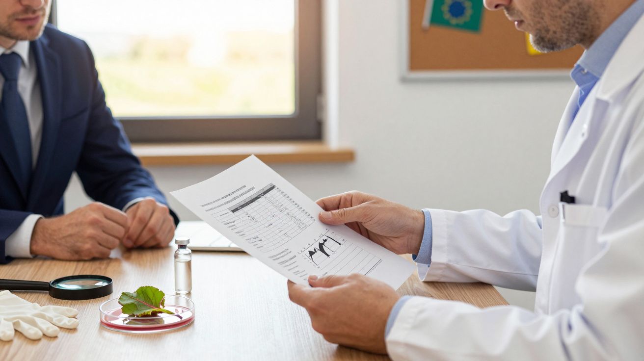 Homem de bata branca analisa relatório em papel. Mesa com lupa, luvas, frascos e folha em placa de Petri.