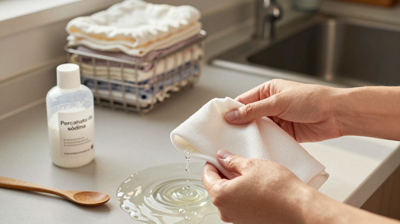 Mãos usam pano branco para limpar líquido derramado num balcão, com garrafa de percarbonato ao lado.