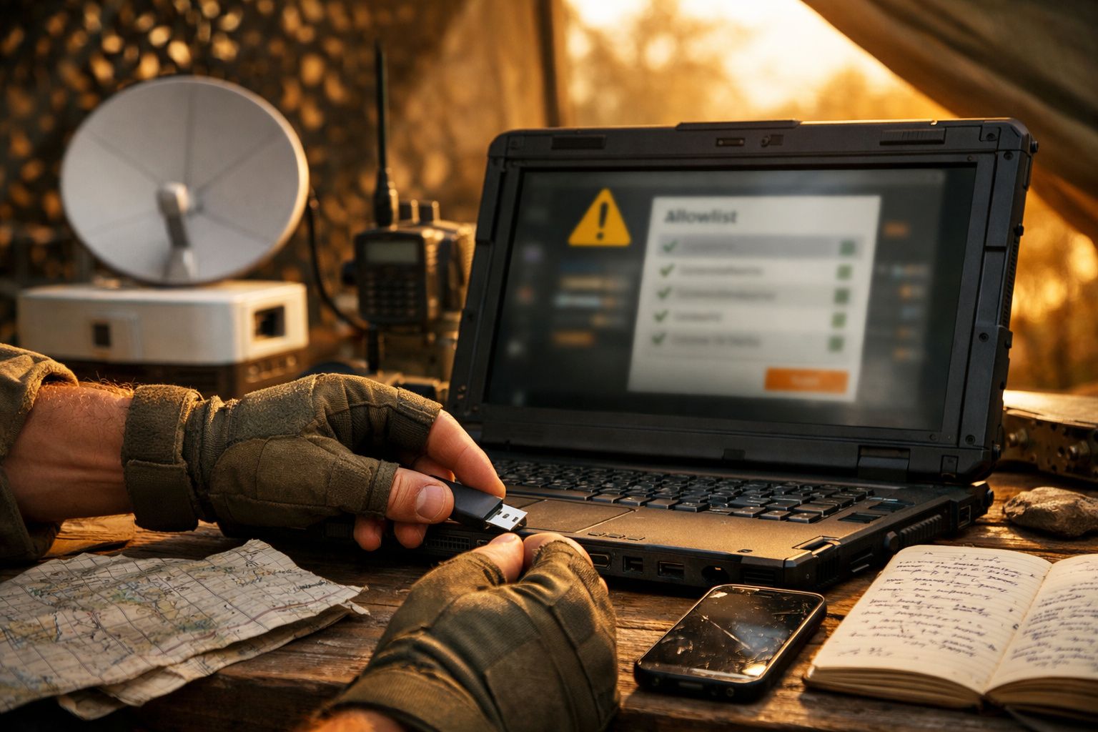 Pessoa conecta uma pen USB a um portátil com a mensagem "access granted" num ambiente ao ar livre, com árvores ao fundo.